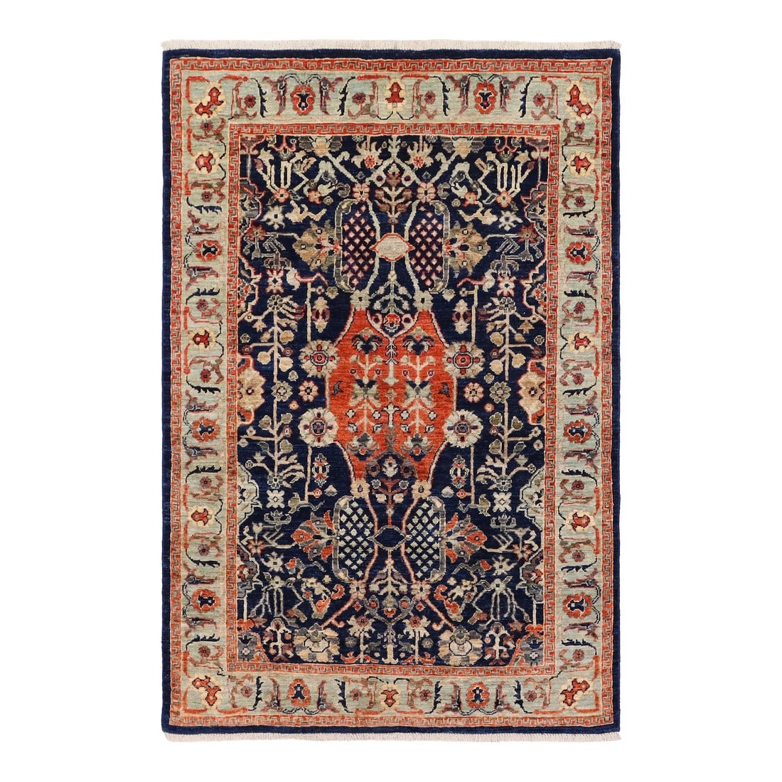 Tribal Heriz Ziegler Blue Rust Hand-Knotted Rug - 3'9'' X 5'10'': Enhance the ambiance of your home with this magnificent Persian-influenced Turkish hand-knotted rug made by skilled artisans capable of creating the most exceptional vegetable dyes and hand-spun wool.