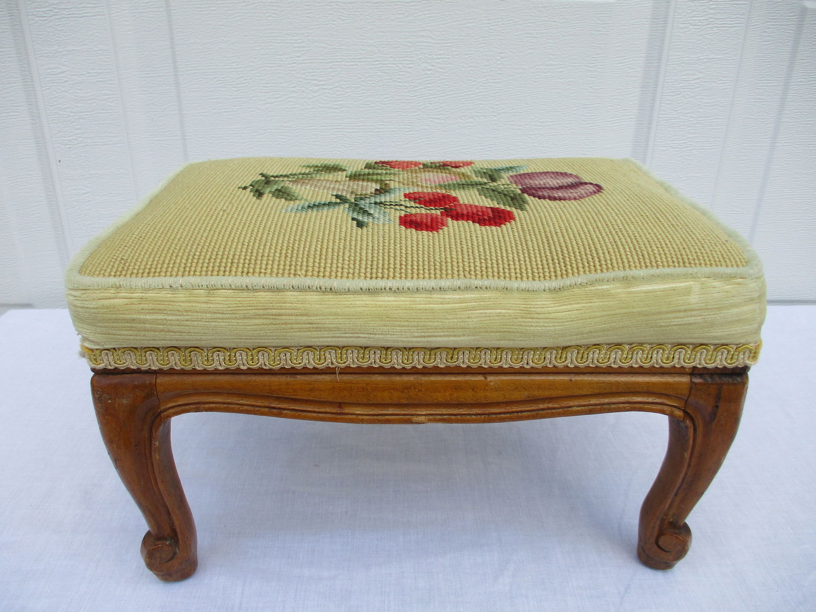 Vintage Belgian Yellow Upholstered Footstool With Carved Base - 2