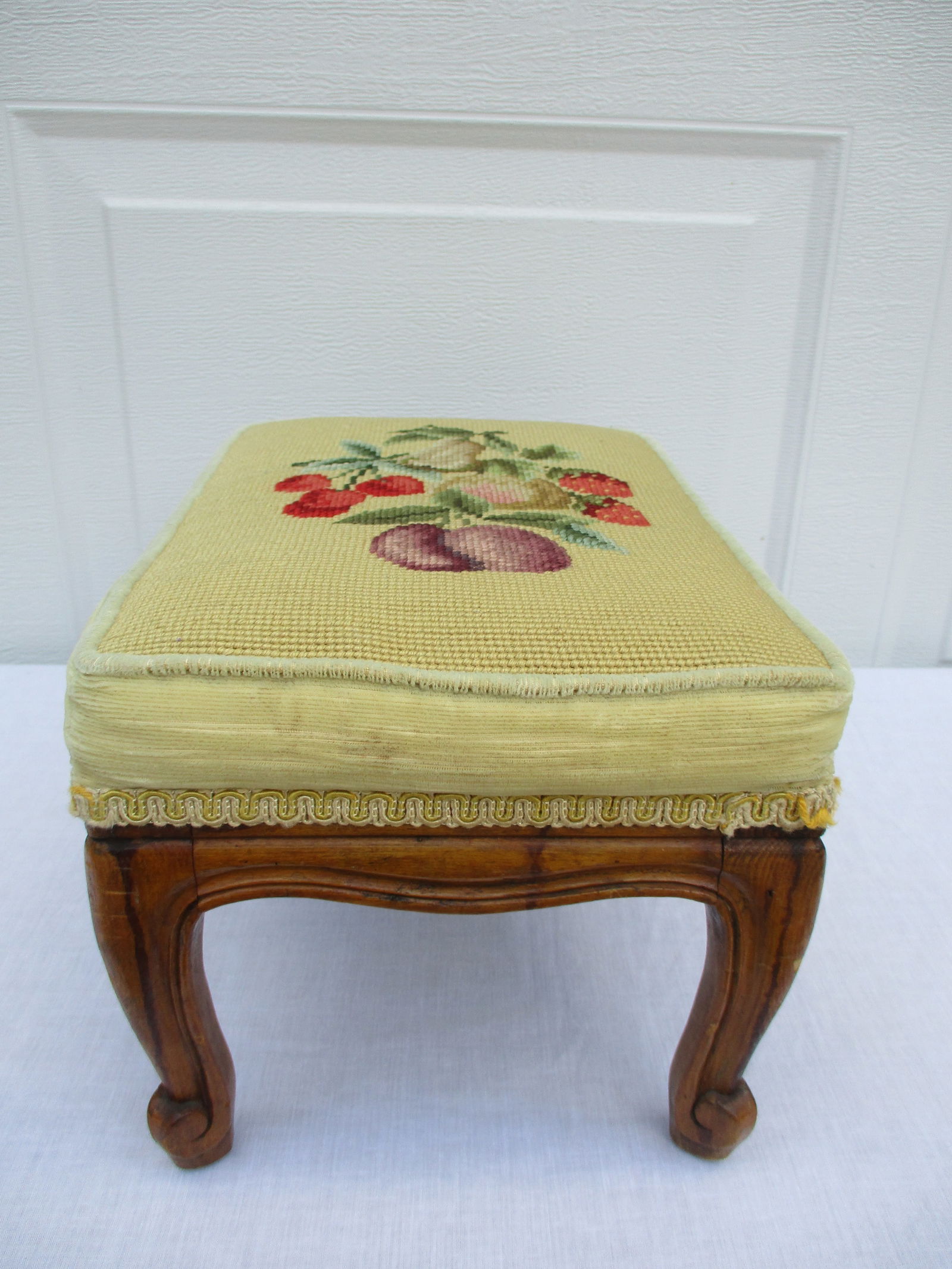 Vintage Belgian Yellow Upholstered Footstool With Carved Base - 3