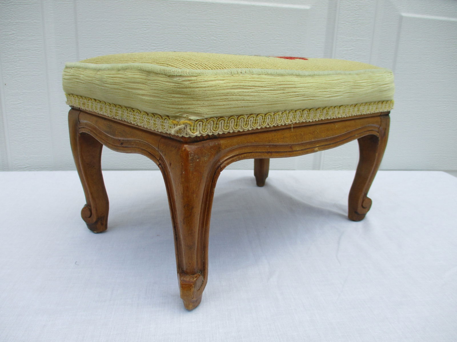 Vintage Belgian Yellow Upholstered Footstool With Carved Base - 4
