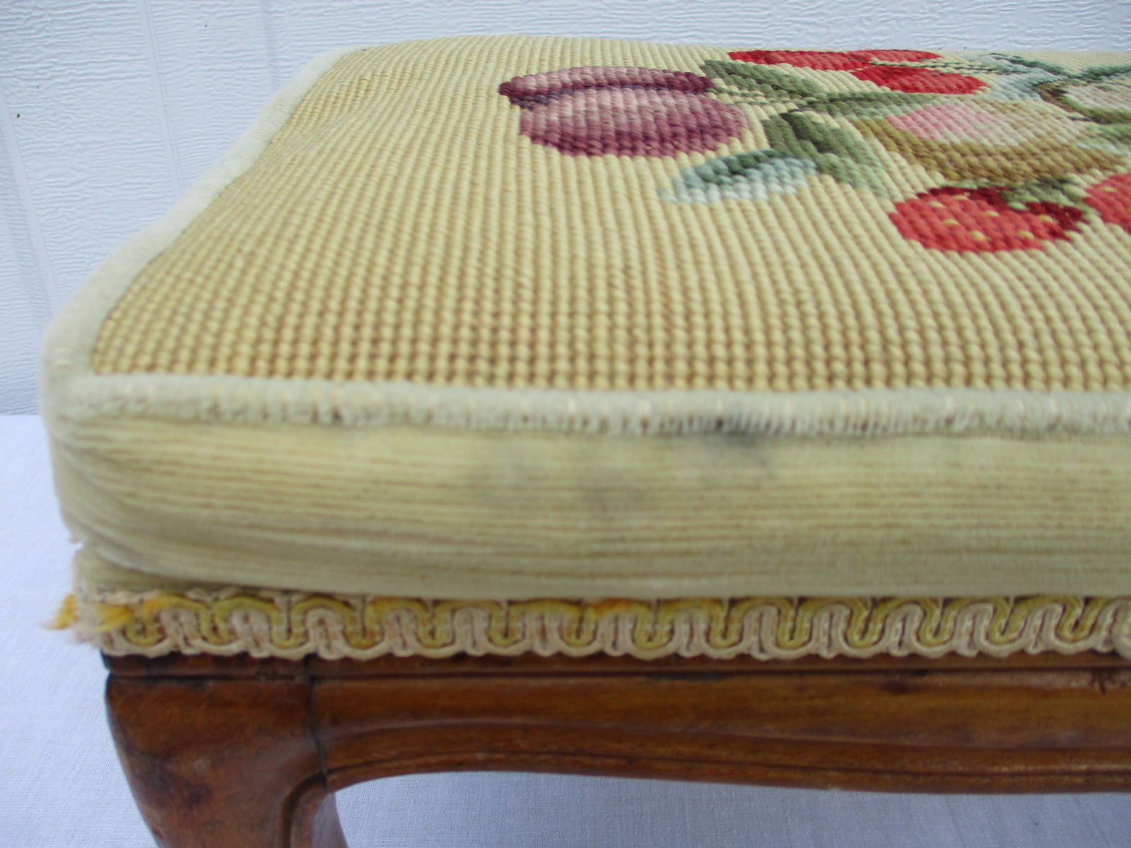 Vintage Belgian Yellow Upholstered Footstool With Carved Base - 6