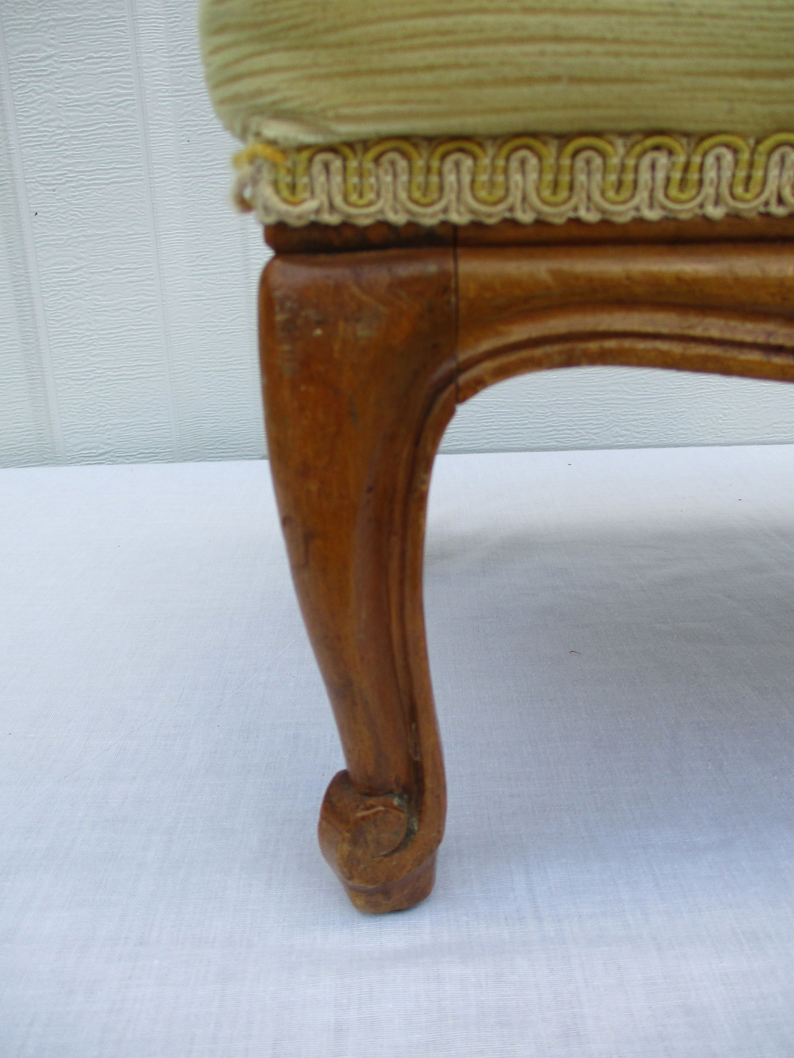 Vintage Belgian Yellow Upholstered Footstool With Carved Base - 7