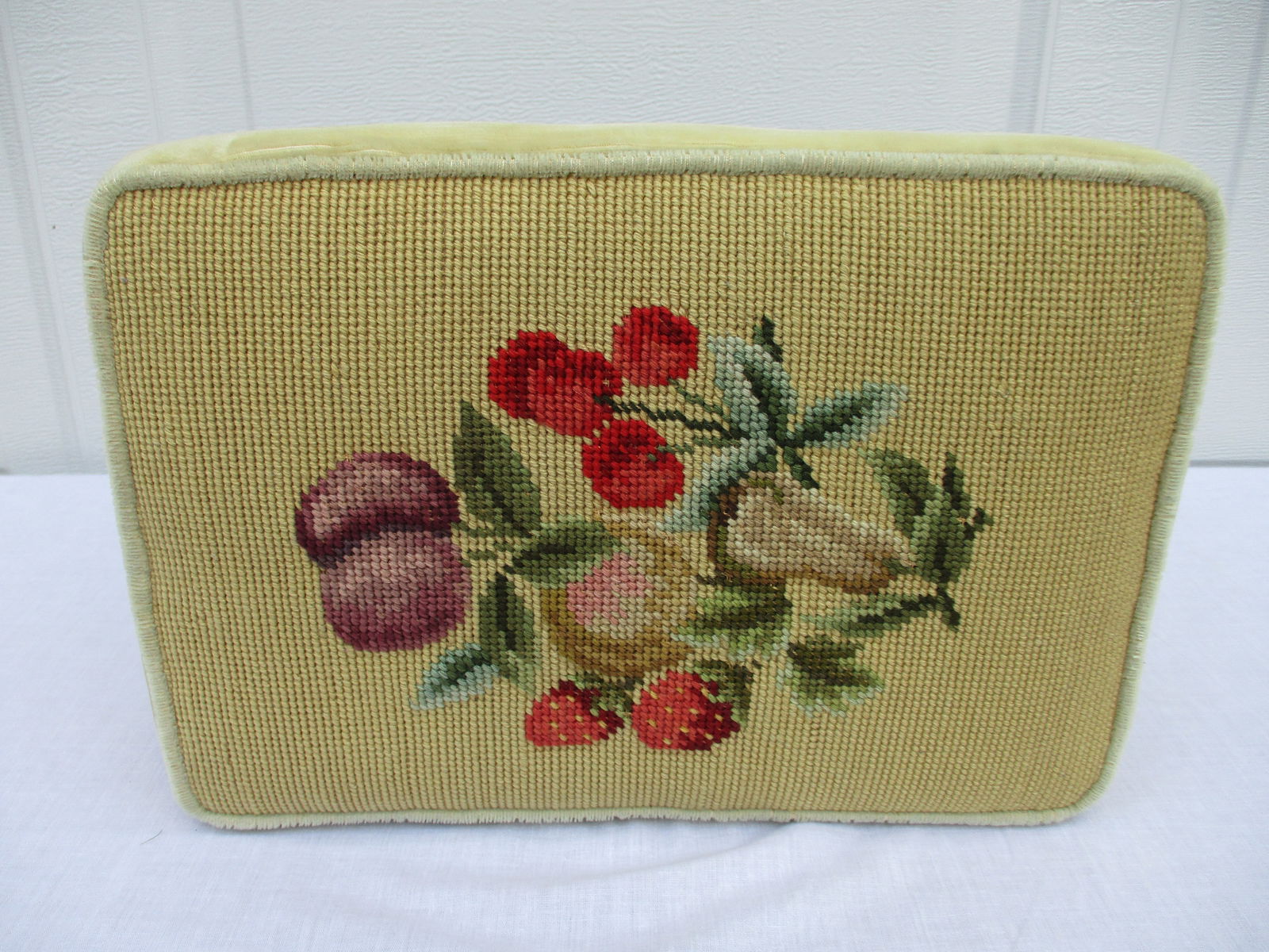 Vintage Belgian Yellow Upholstered Footstool With Carved Base - 8