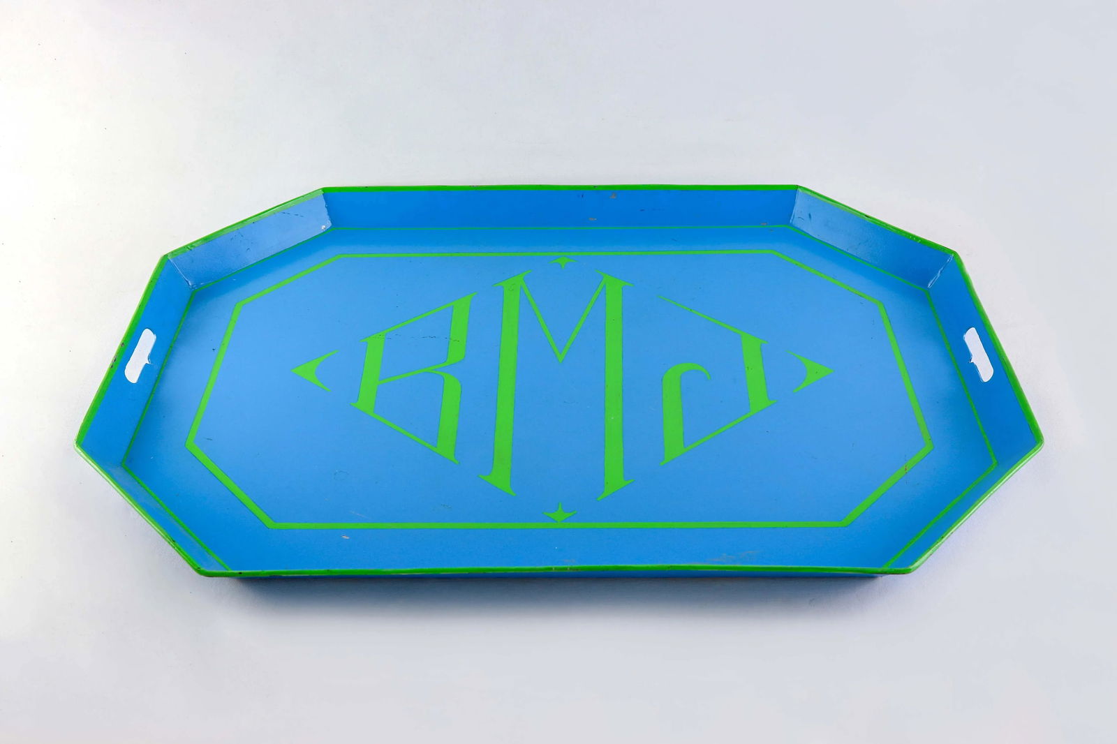 1970s Contemporary "Rmj" Green and Blue Octagonal Tole Tray - 2