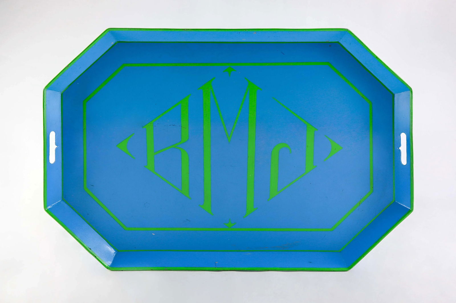 1970s Contemporary "Rmj" Green and Blue Octagonal Tole Tray - 3