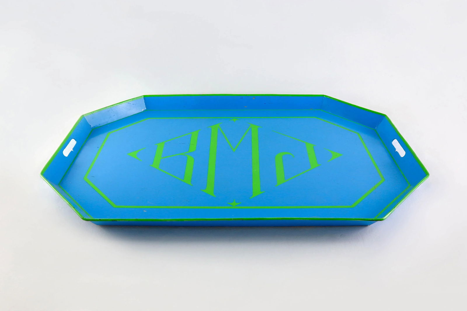 1970s Contemporary "Rmj" Green and Blue Octagonal Tole Tray - 5