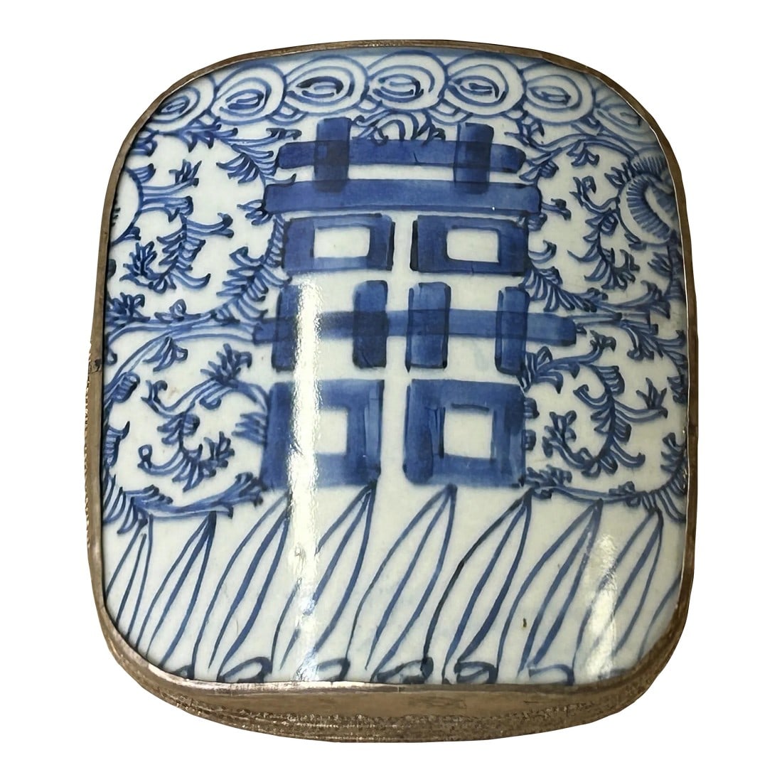 Chinese Old White Base Blue Scroll Happiness Porcelain Art Pewter Box (1 of 7)