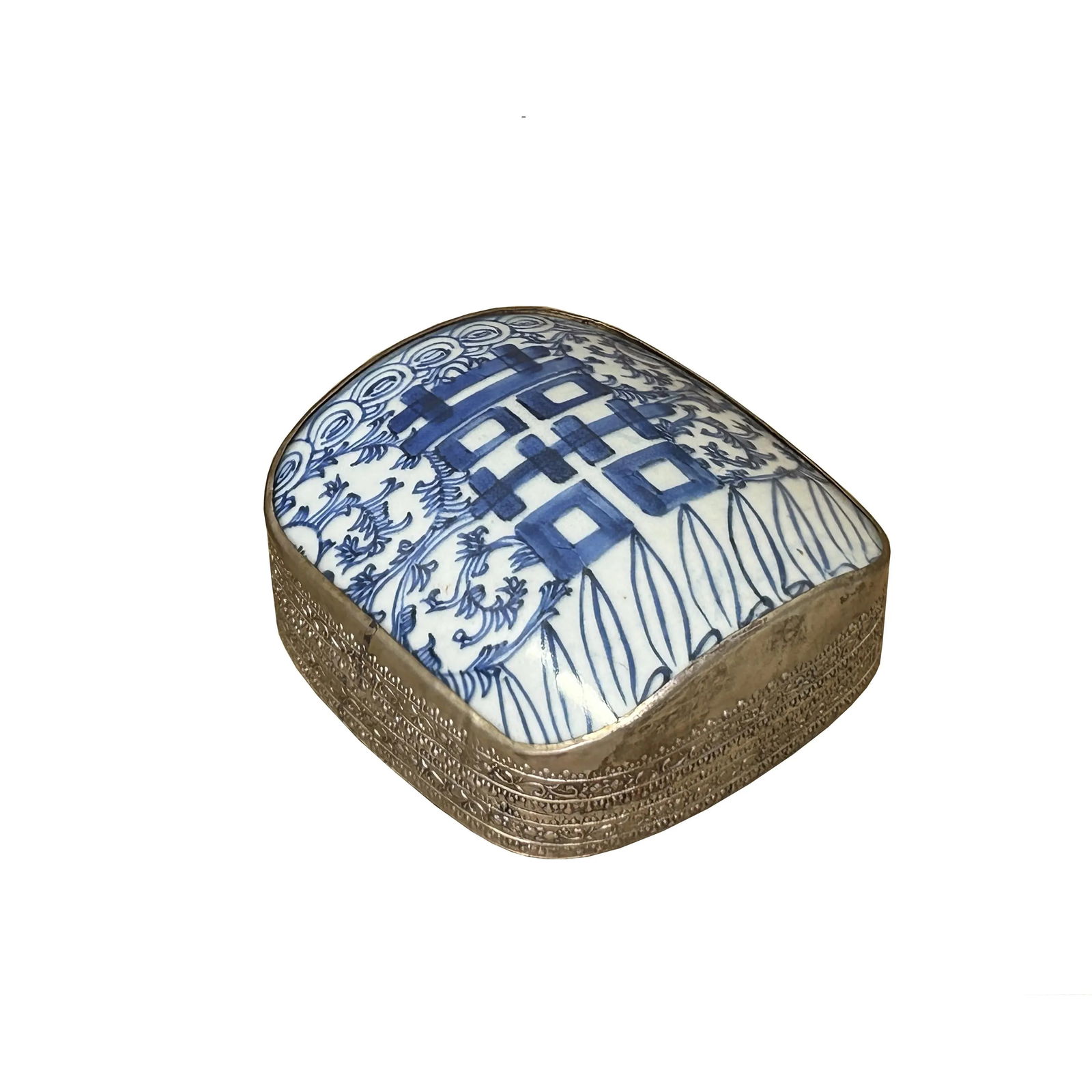 Chinese Old White Base Blue Scroll Happiness Porcelain Art Pewter Box - 3