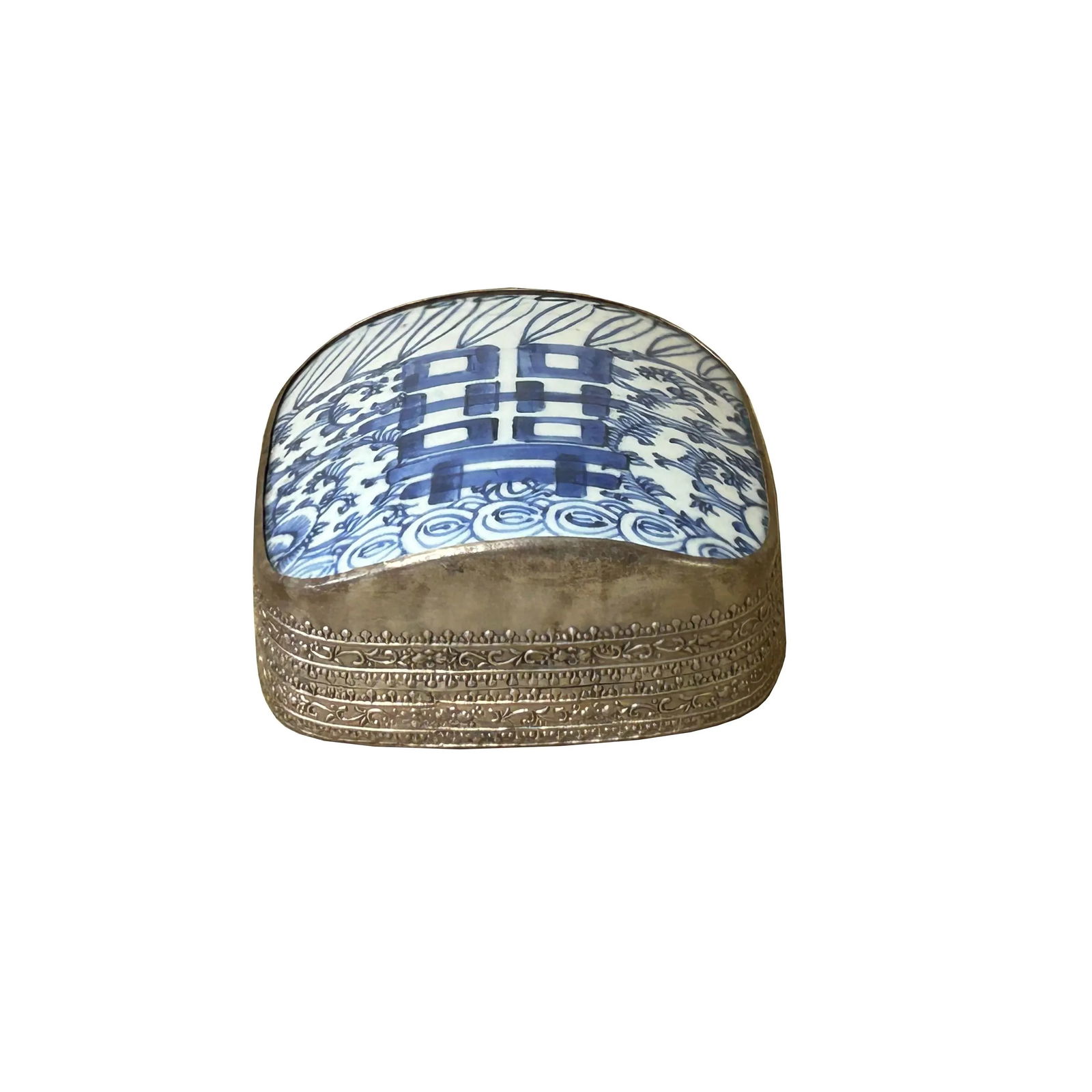 Chinese Old White Base Blue Scroll Happiness Porcelain Art Pewter Box - 4