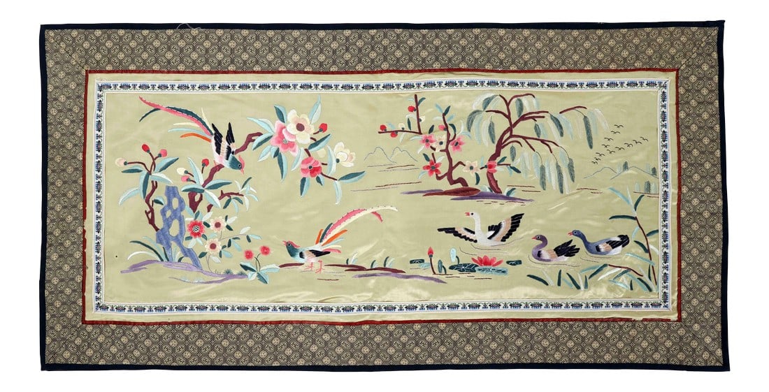 Vintage Chinese Silk Embroidered Cloth With Tropical Birds and Swans in Golden Lake (1 of 5)