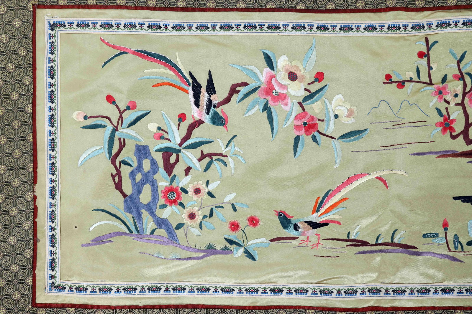 Vintage Chinese Silk Embroidered Cloth With Tropical Birds and Swans in Golden Lake - 2