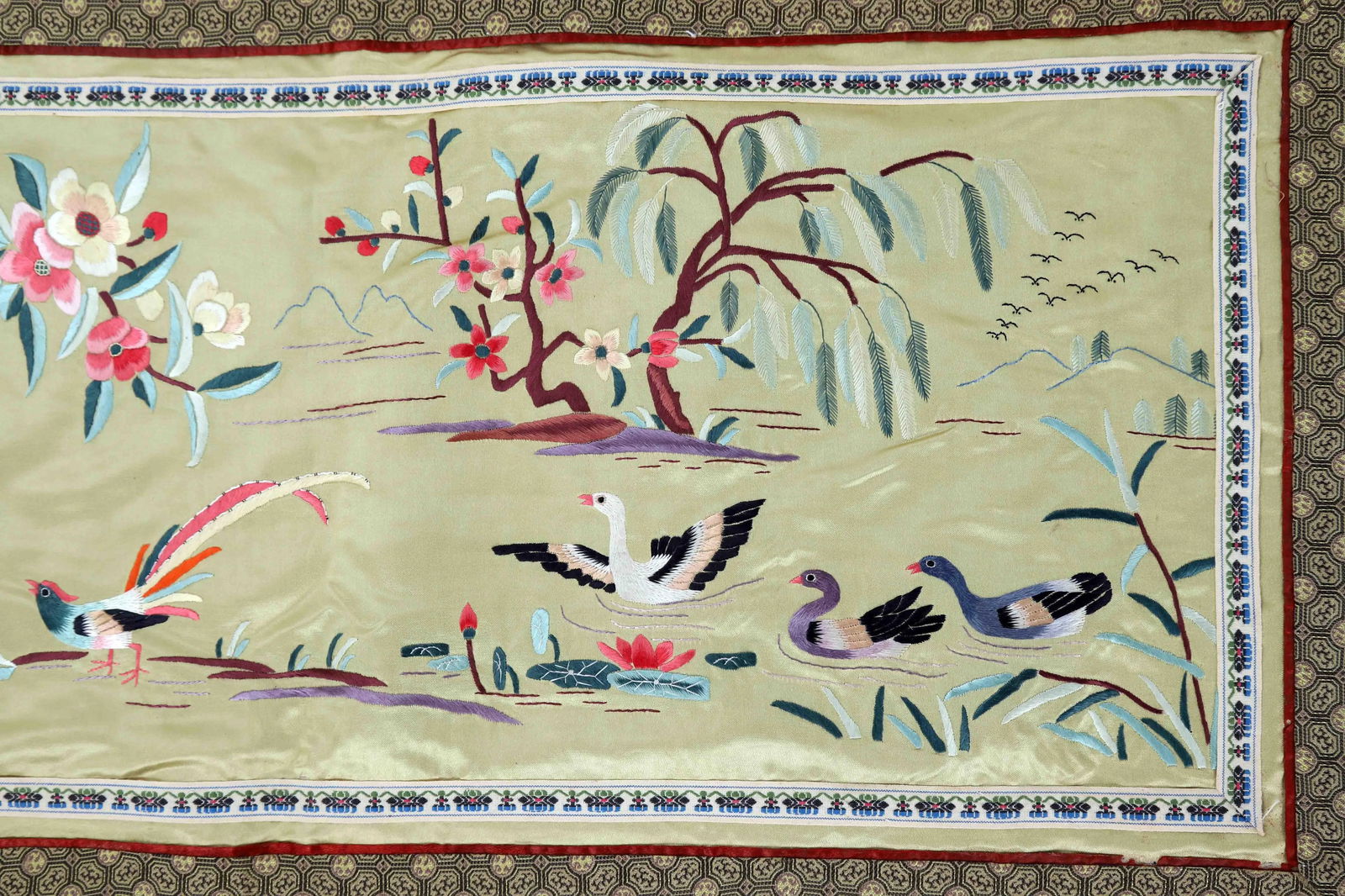 Vintage Chinese Silk Embroidered Cloth With Tropical Birds and Swans in Golden Lake - 3