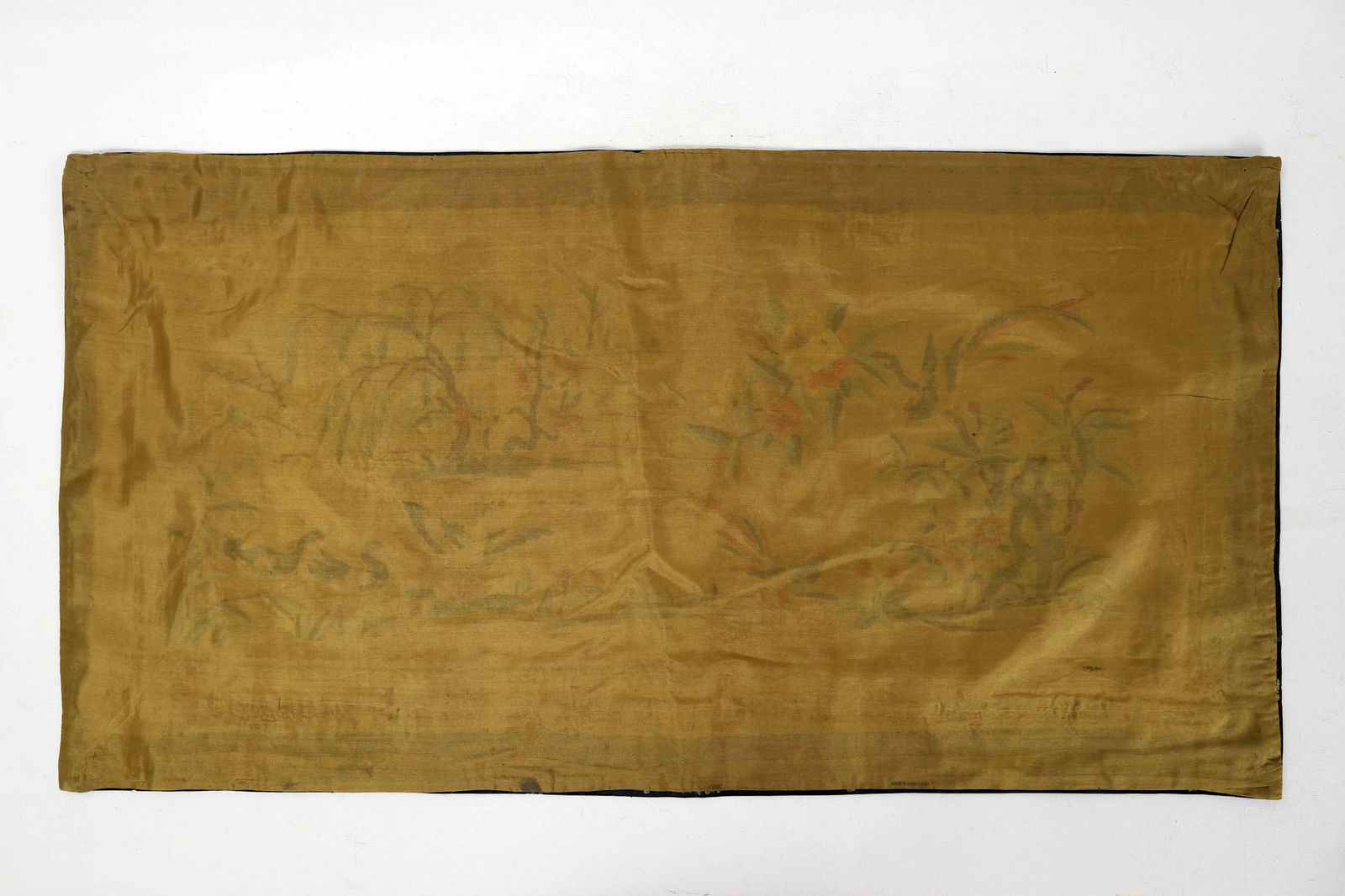 Vintage Chinese Silk Embroidered Cloth With Tropical Birds and Swans in Golden Lake - 4