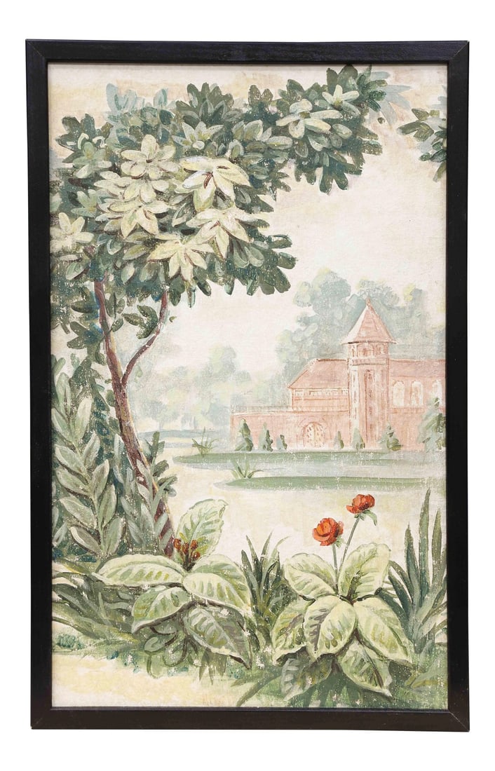 1980s Mission in Lush Countryside Painting: Framed vintage painting of a mission made of red clay and stone set in a lush countryside with wide leaves and red flowers. Both atmospheric and pleasant. Condition: Alterations: Original Condition