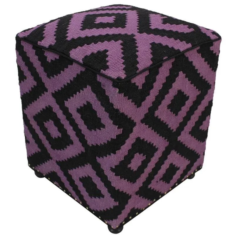 Boho Chic Black/Purple Handmade Kilim Upholstered Ottoman - 10