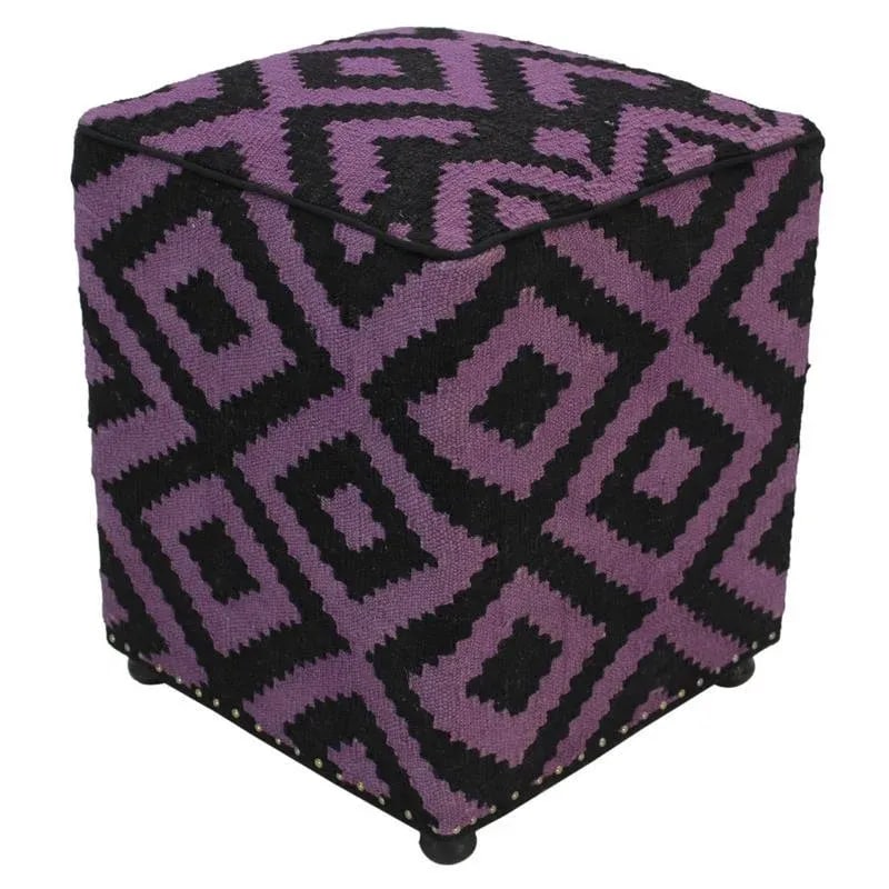 Boho Chic Black/Purple Handmade Kilim Upholstered Ottoman - 11