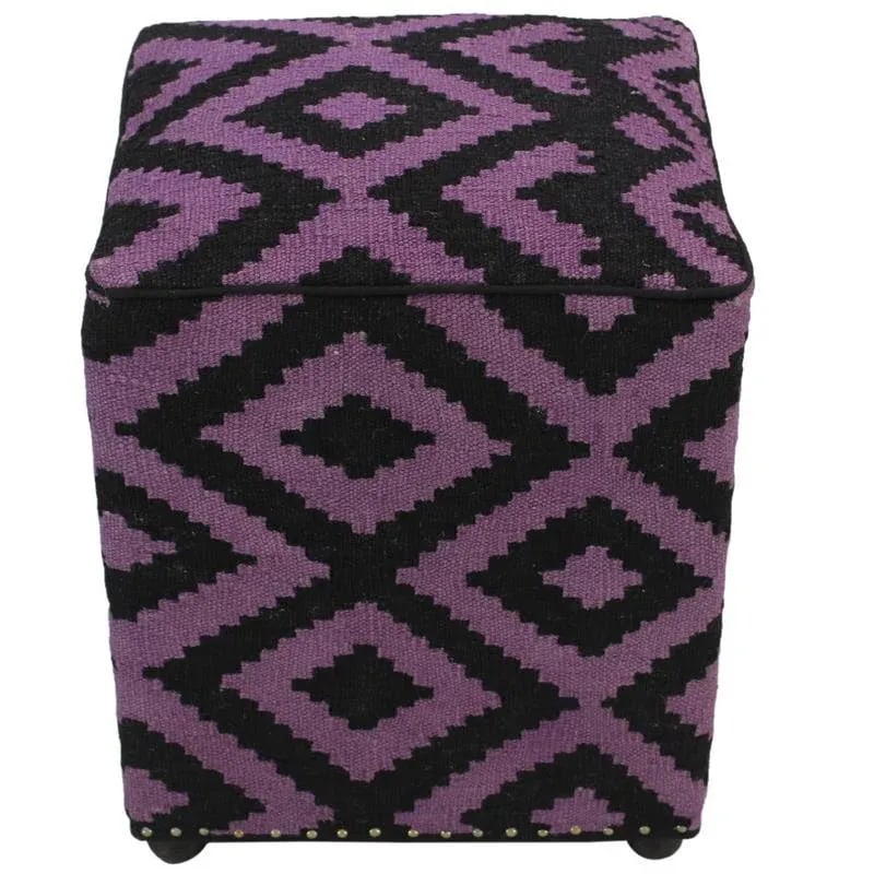Boho Chic Black/Purple Handmade Kilim Upholstered Ottoman - 2