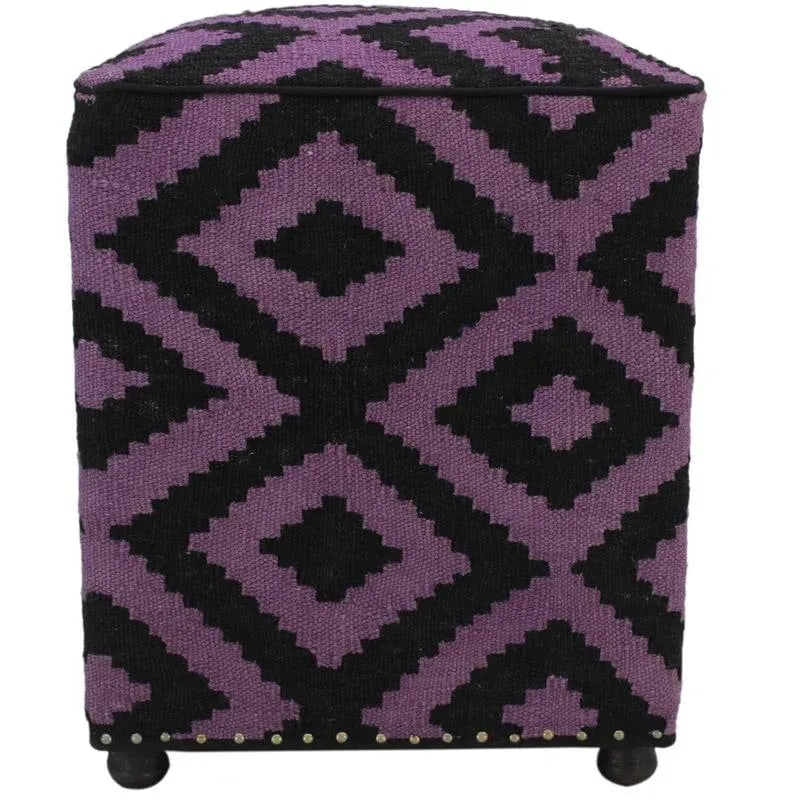 Boho Chic Black/Purple Handmade Kilim Upholstered Ottoman - 3
