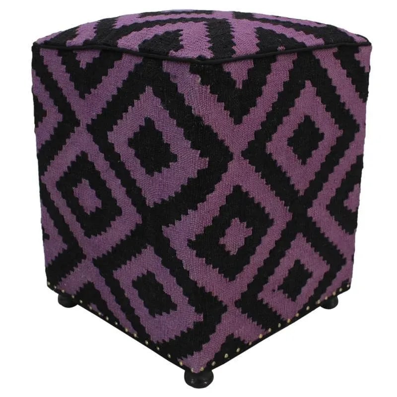 Boho Chic Black/Purple Handmade Kilim Upholstered Ottoman - 9