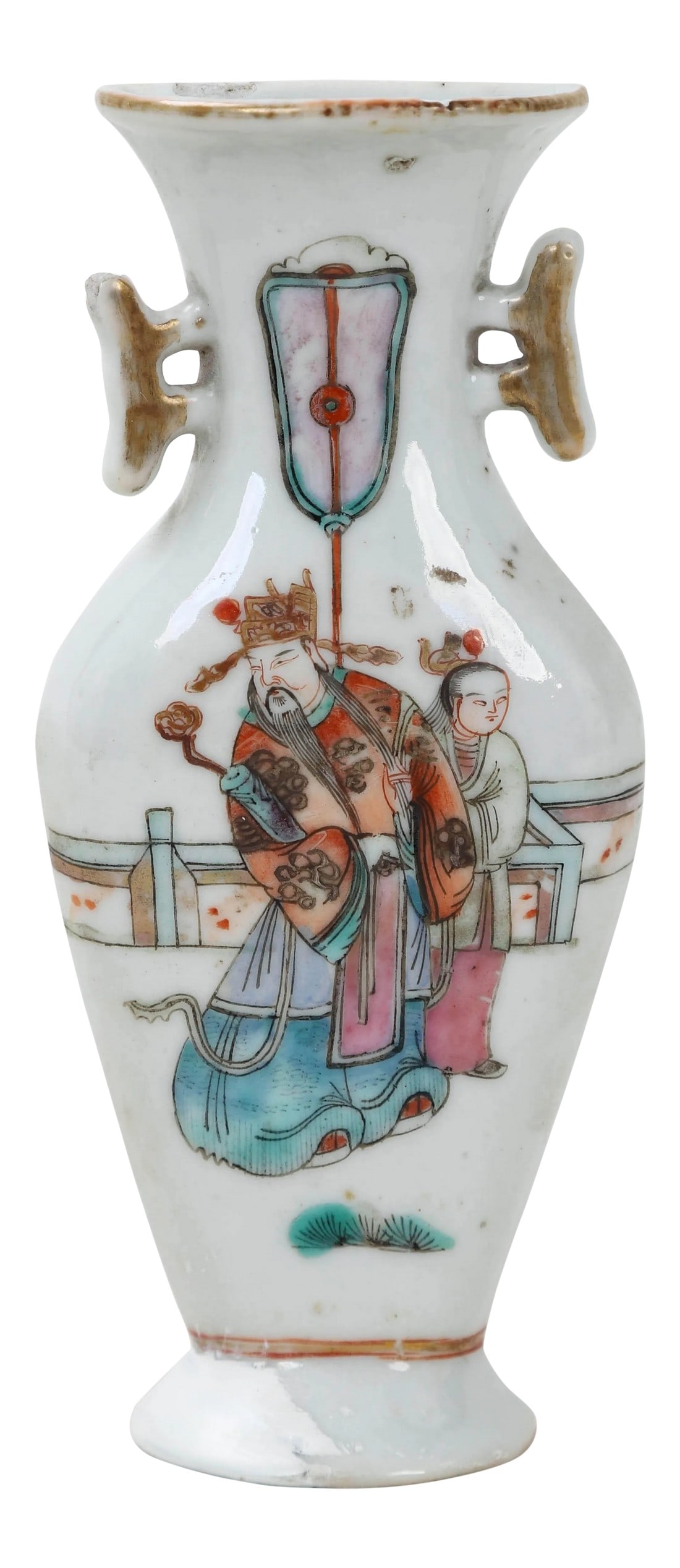 Late 19th Century Vintage Flat Backed Porcelain Vase for Wall Bracket: This flat backed porcelain vase can be hung on a wall as a decorative display while still being able to hold plants. Some gold color detail and handpainted figures of a nobleman and a lady. 