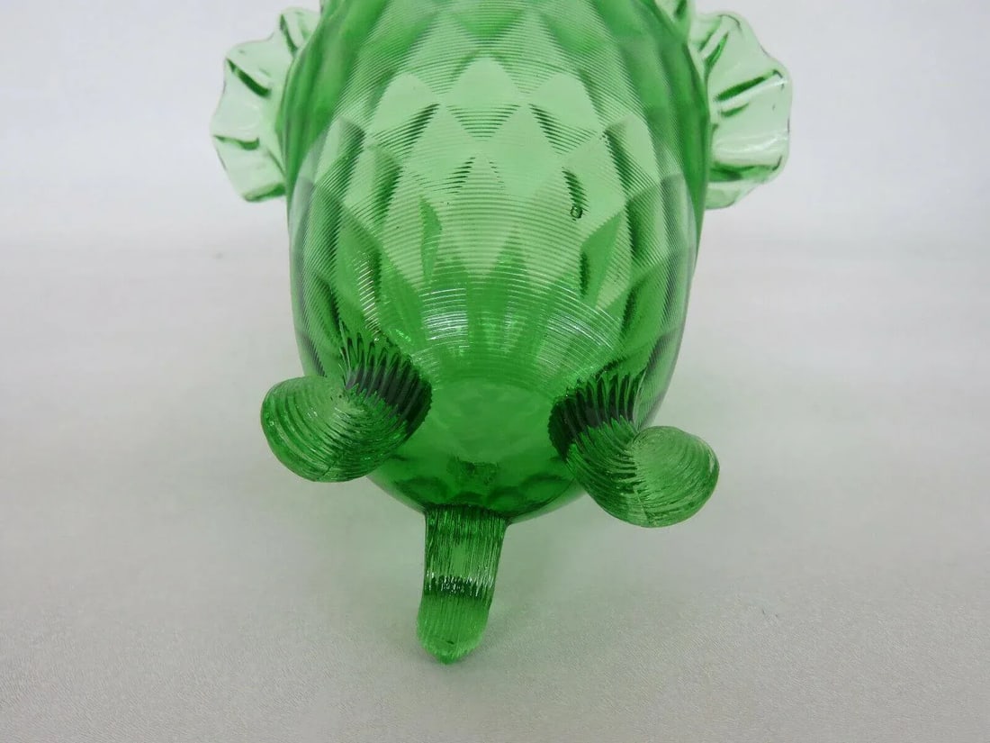 Fenton Springtime Diamond Optic Green Glass Ruffled Rim Three Footed Vase - 10