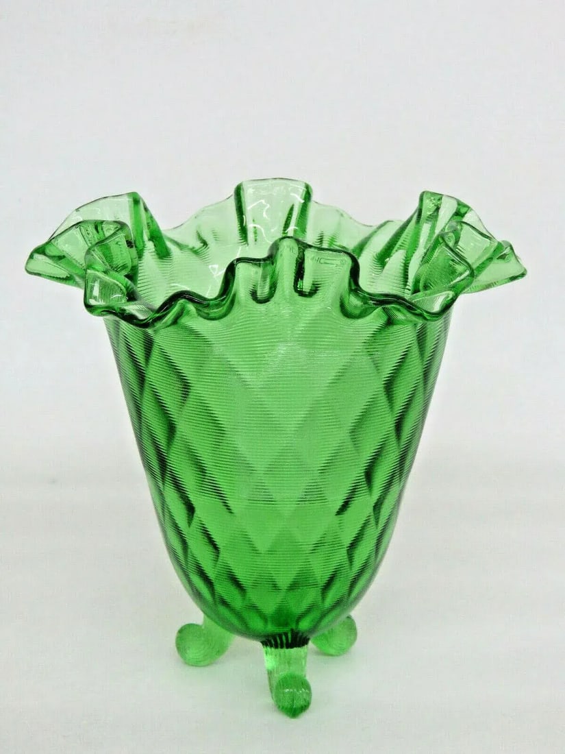 Fenton Springtime Diamond Optic Green Glass Ruffled Rim Three Footed Vase - 11