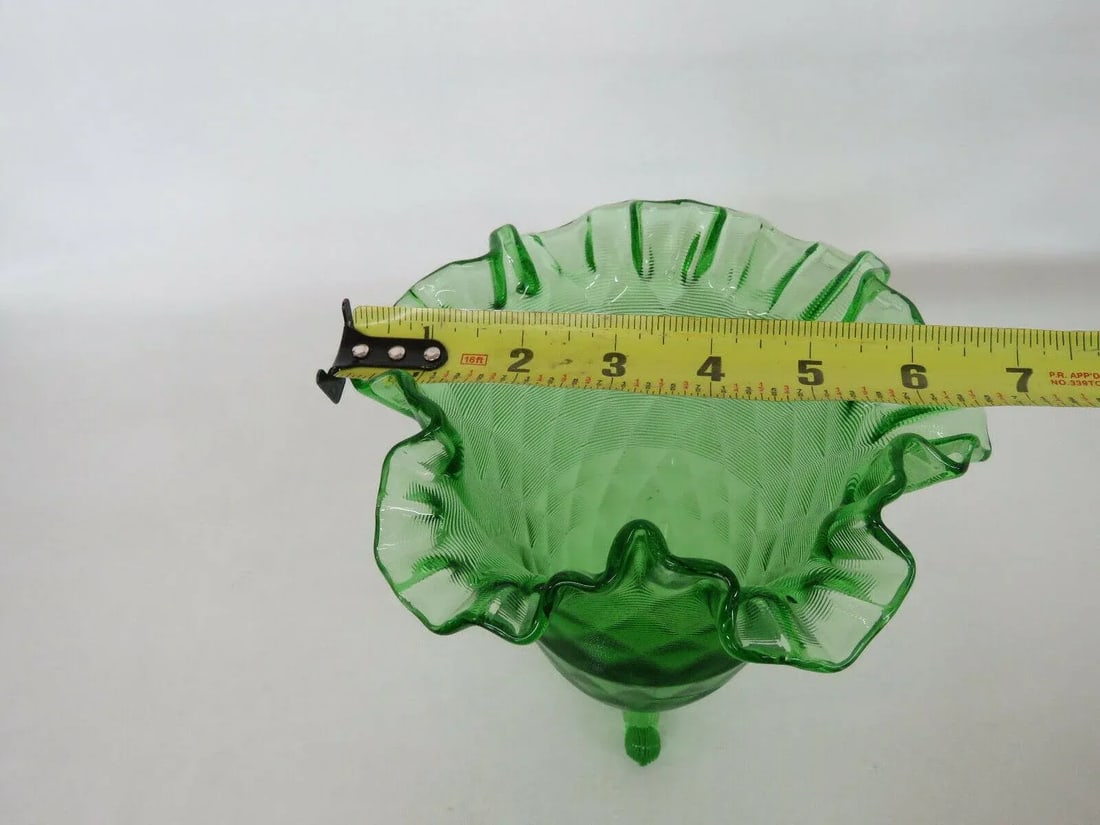Fenton Springtime Diamond Optic Green Glass Ruffled Rim Three Footed Vase - 4