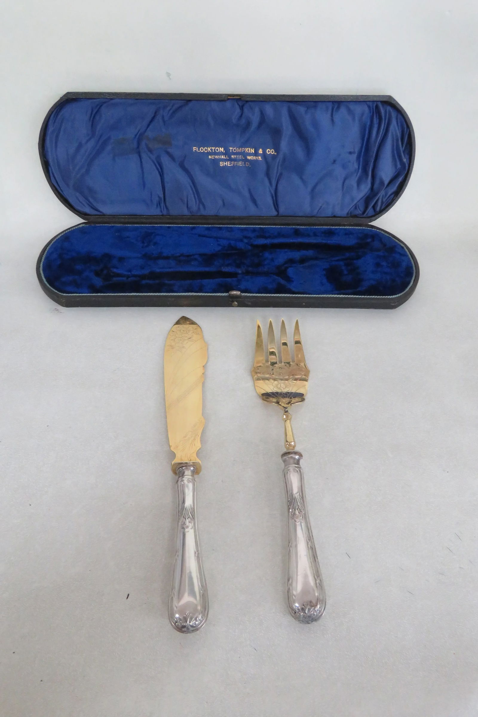 Sheffield D Flookton Tompking and Co Etched Fish Knife Fork Serving Set - 3