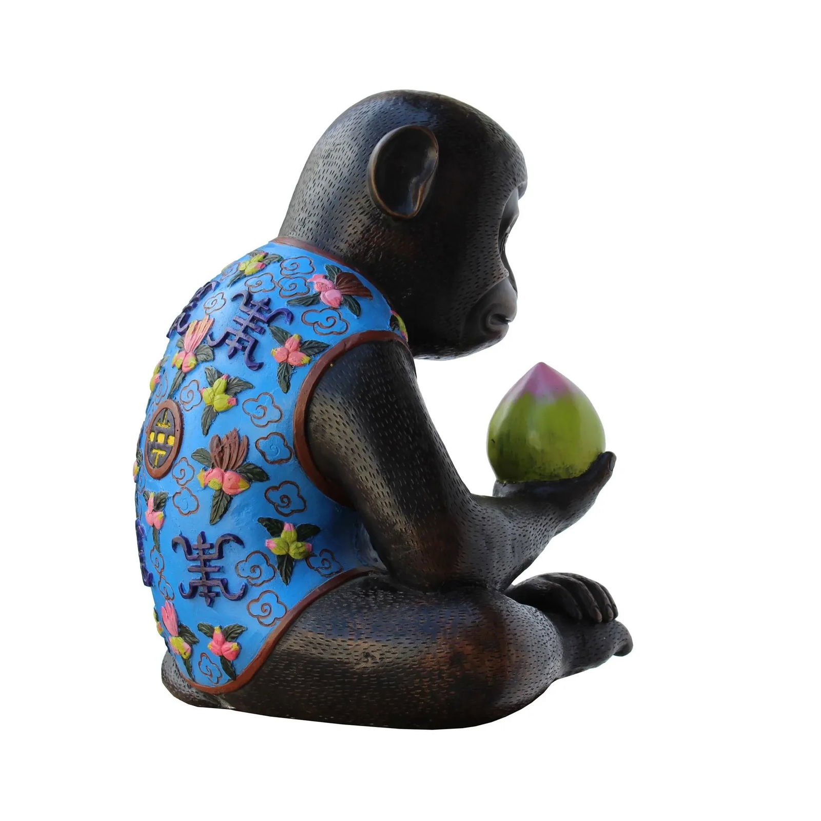 Handmade Brown Bronze Metal Ape Monkey With Peach Figure - 4