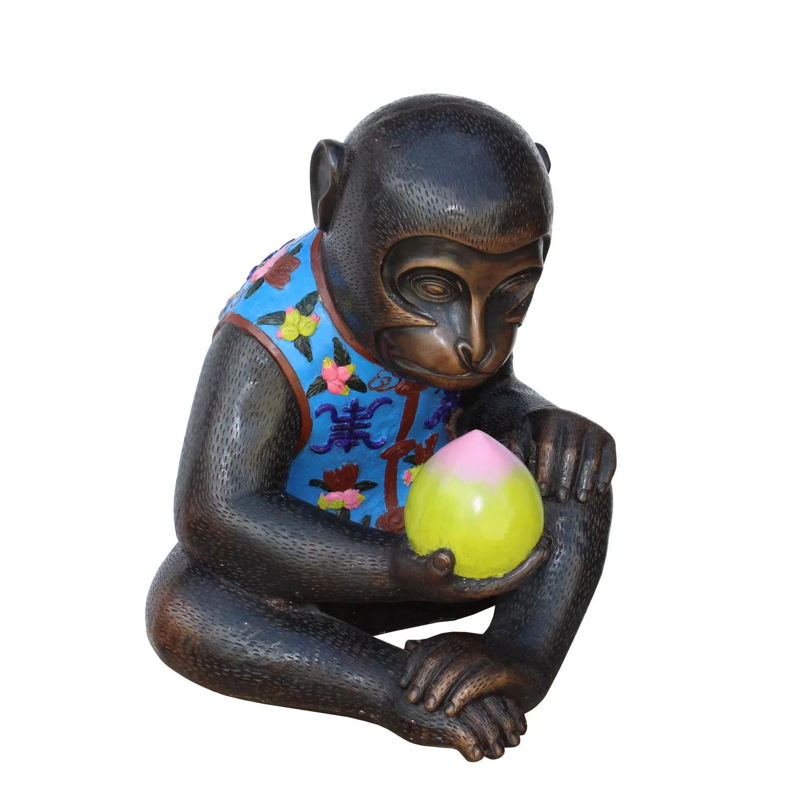 Handmade Brown Bronze Metal Ape Monkey With Peach Figure - 5