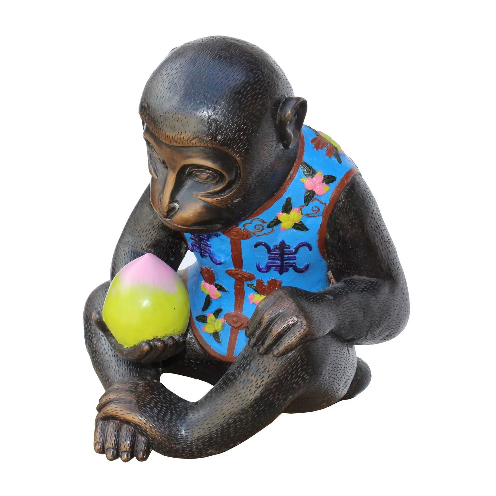 Handmade Brown Bronze Metal Ape Monkey With Peach Figure - 6
