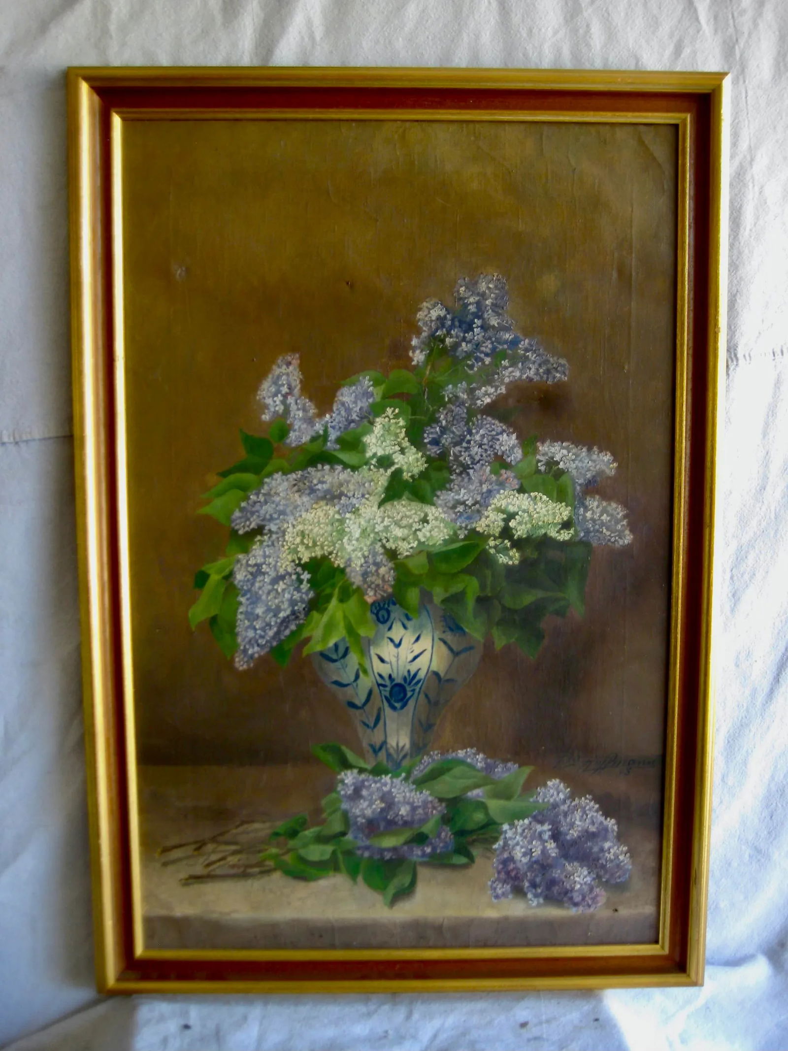 Still Life Glycine in a Vase Oil Painting 19th Century, Framed - 2
