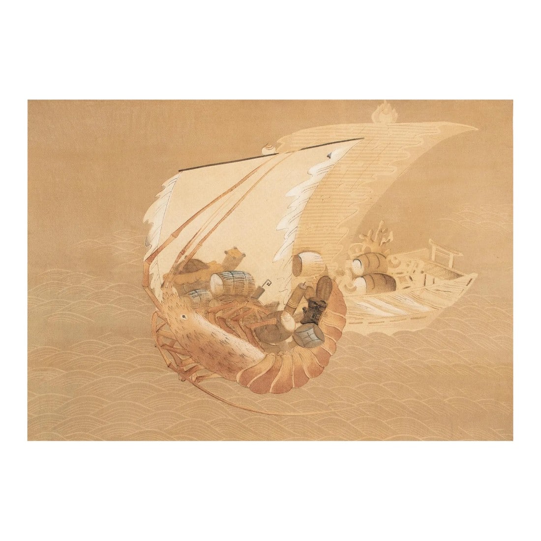 1970s Showa Era Large Japanese Print on Silk "Lobster Boat": Gorgeous vintage large Japanese scroll art print on silk mounted on paper. Depicting loaded with barrels Lobster Boat and another boat in the sea. Unsigned. Beautiful details. Gorgeous warm colors.