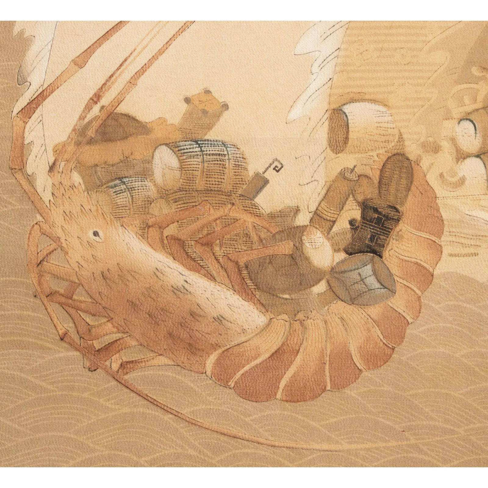 1970s Showa Era Large Japanese Print on Silk "Lobster Boat" - 3