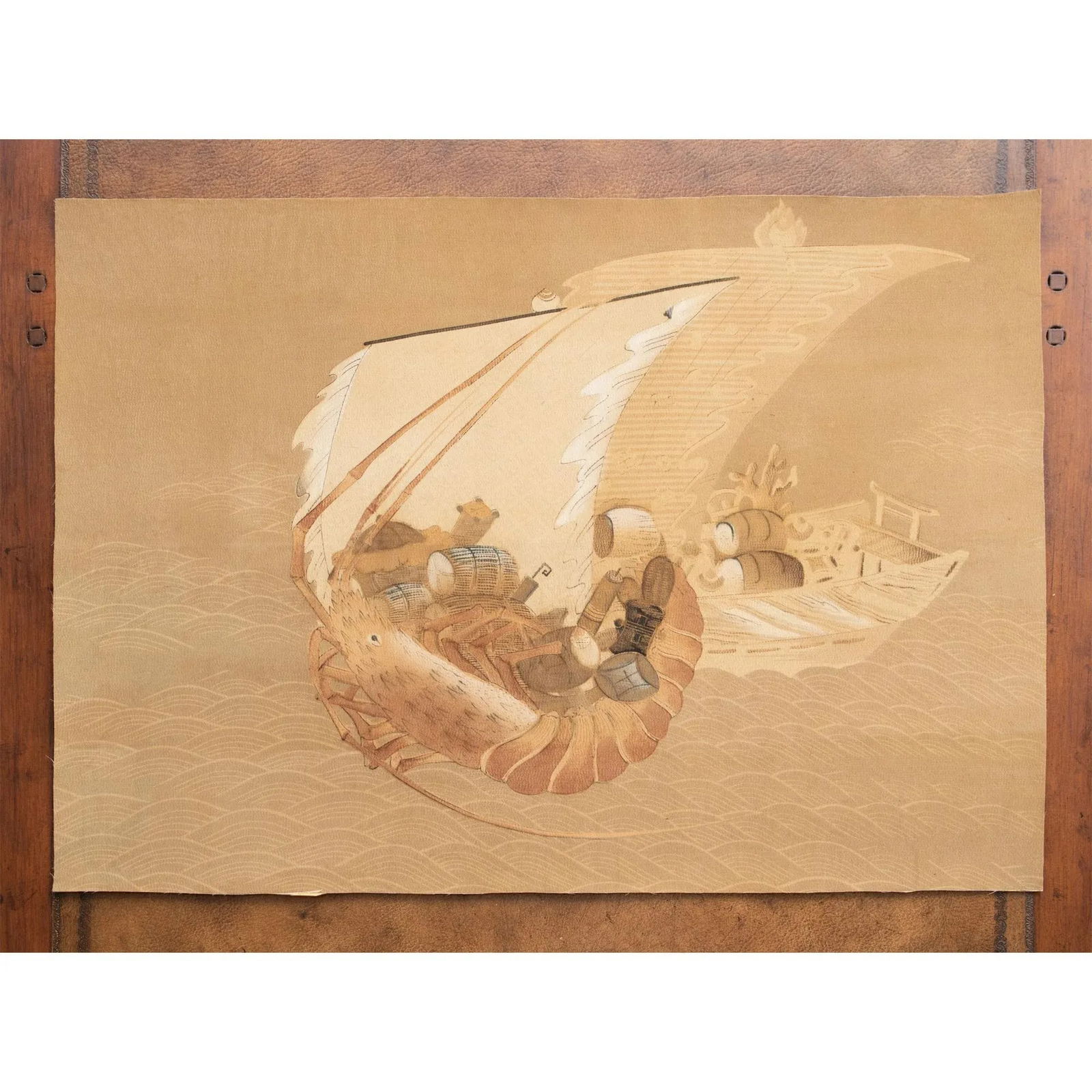 1970s Showa Era Large Japanese Print on Silk "Lobster Boat" - 8
