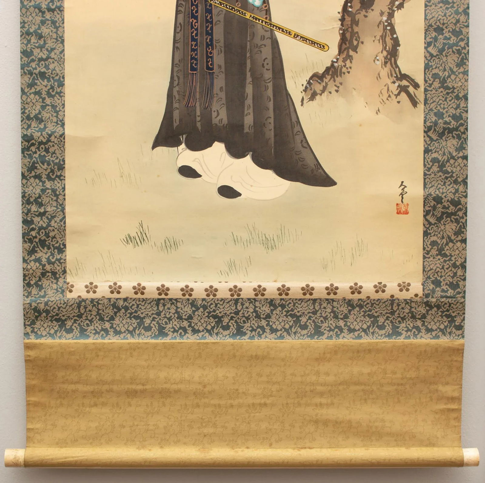 Early 20th Century XL Meiji or Early Showa Japanese Watercolor Scroll Painting, "Man in Kimono With - 3