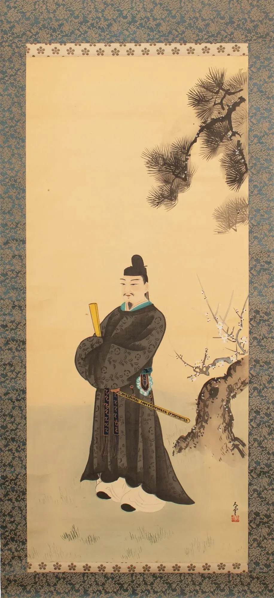 Early 20th Century XL Meiji or Early Showa Japanese Watercolor Scroll Painting, "Man in Kimono With - 4
