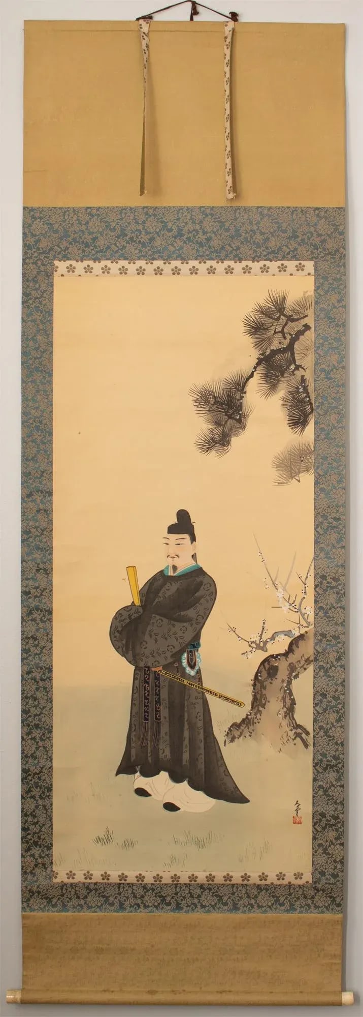 Early 20th Century XL Meiji or Early Showa Japanese Watercolor Scroll Painting, "Man in Kimono With - 9