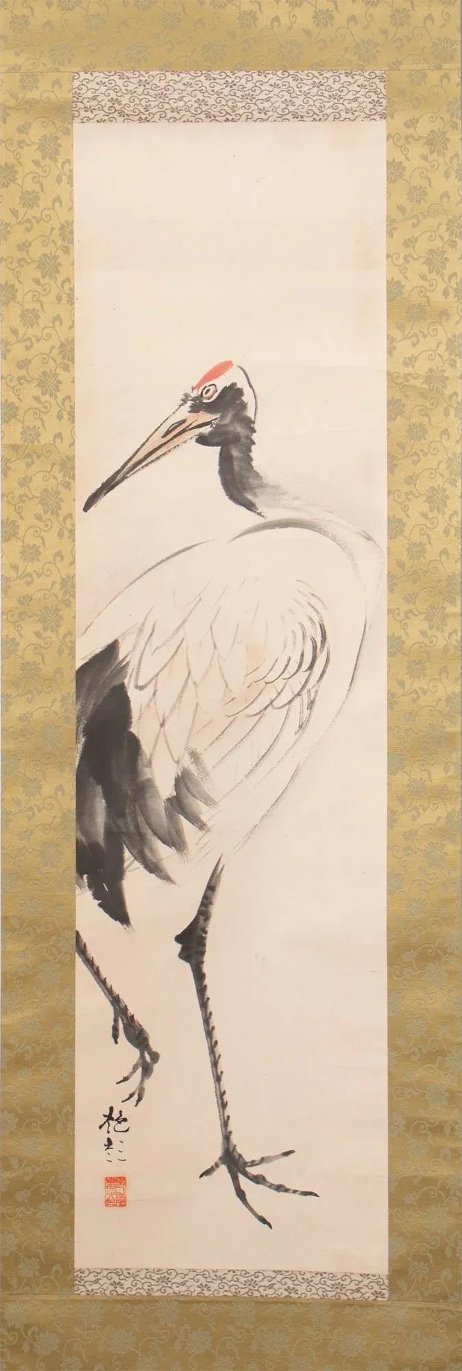Early 20th Century Meiji to Early Showa Era Monochrome Watercolor Scroll Painting "Red-Crowned Crane - 2
