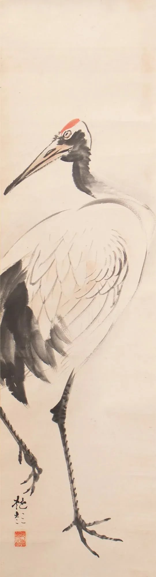 Early 20th Century Meiji to Early Showa Era Monochrome Watercolor Scroll Painting "Red-Crowned Crane - 3