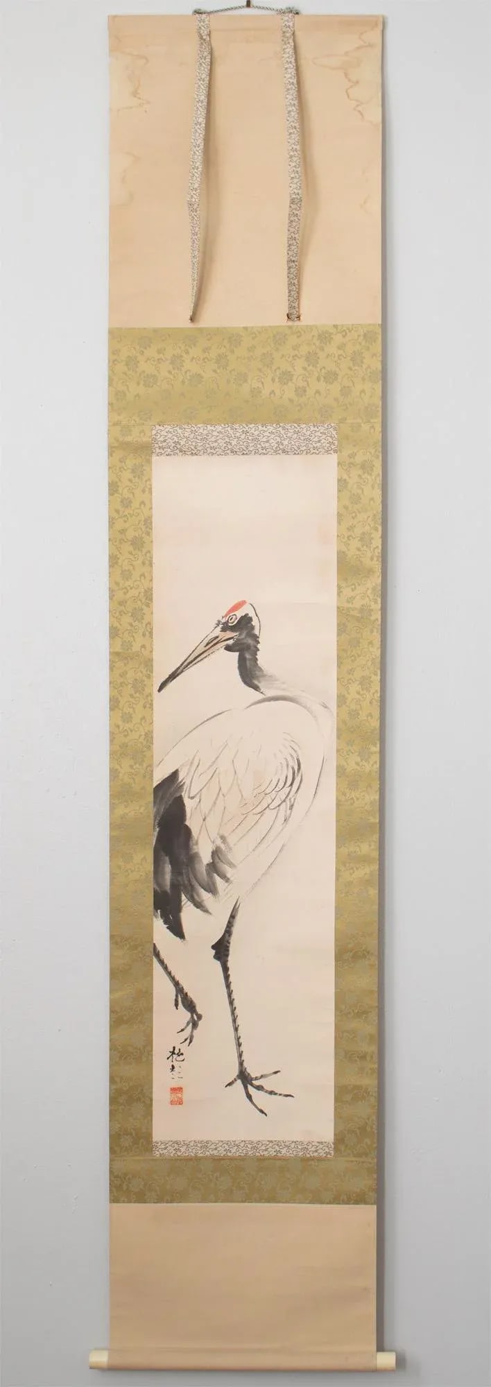 Early 20th Century Meiji to Early Showa Era Monochrome Watercolor Scroll Painting "Red-Crowned Crane - 9