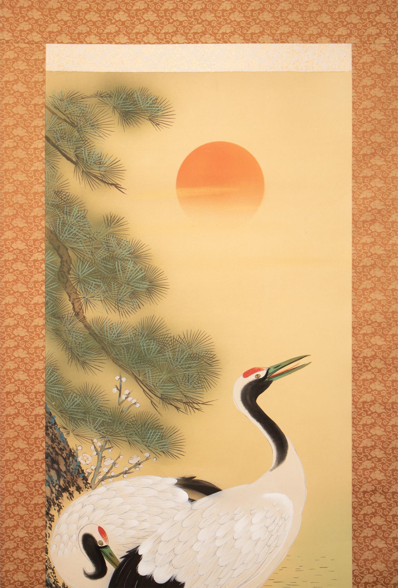 1930s Early Showa Era Japanese Watercolor Scroll Painting, "Cranes and Turtles at Sunrise" - 4