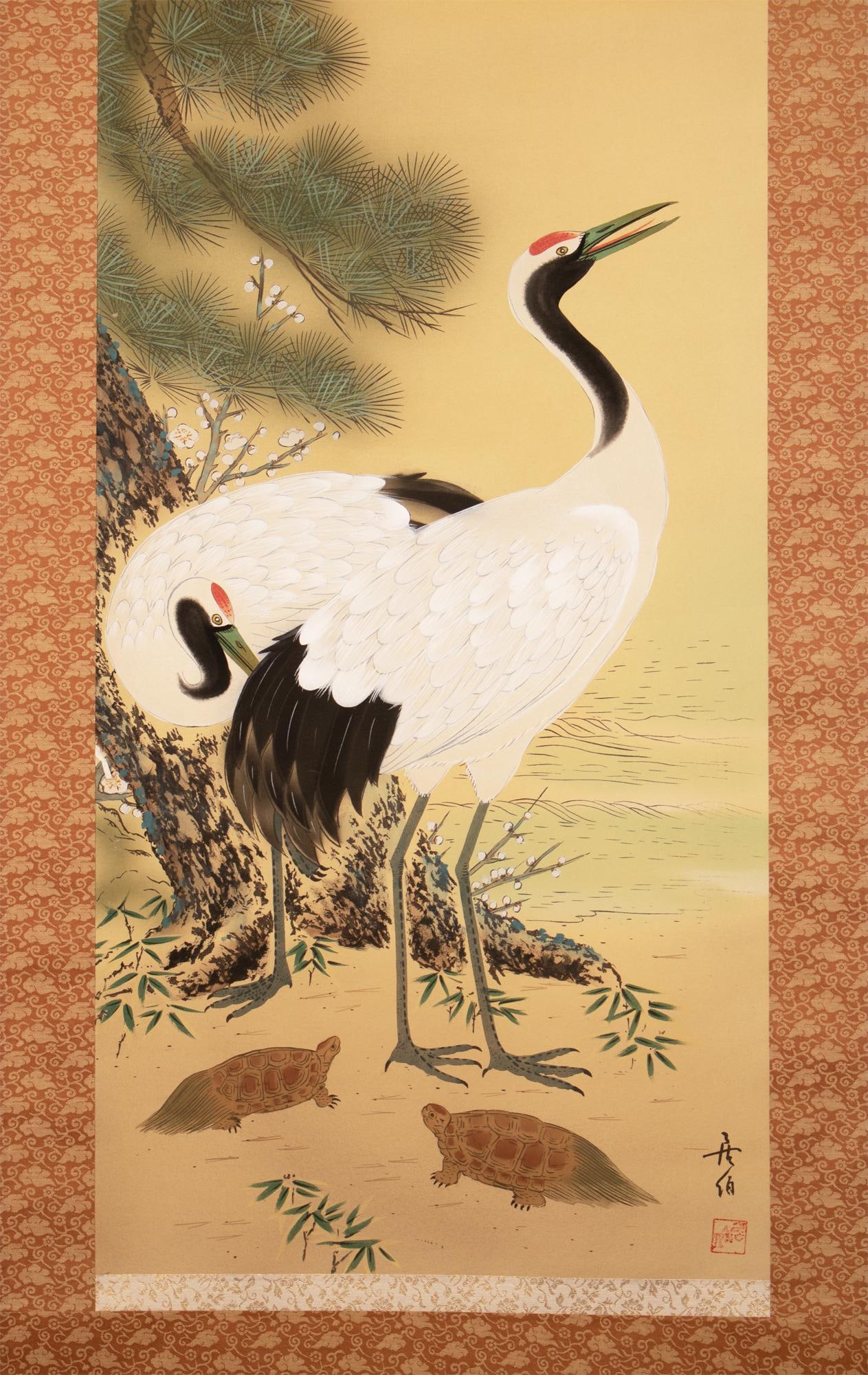 1930s Early Showa Era Japanese Watercolor Scroll Painting, "Cranes and Turtles at Sunrise" - 5