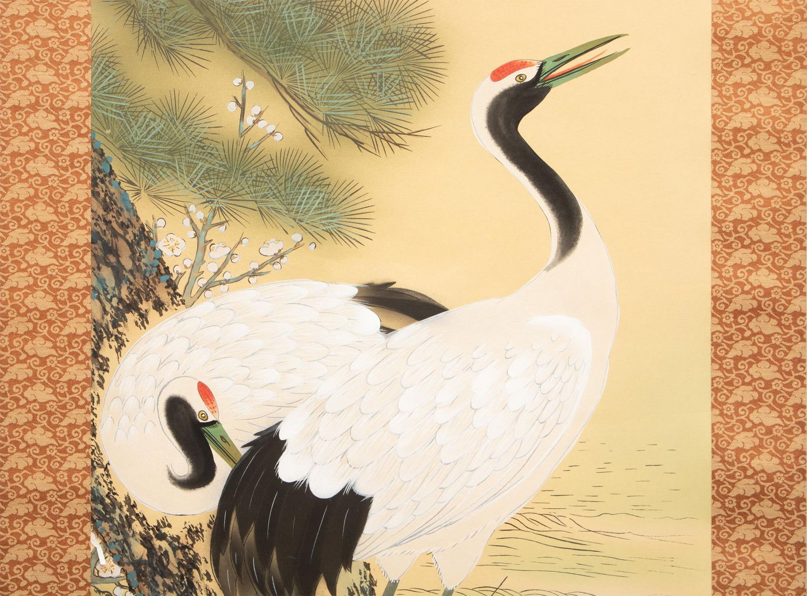 1930s Early Showa Era Japanese Watercolor Scroll Painting, "Cranes and Turtles at Sunrise" - 6