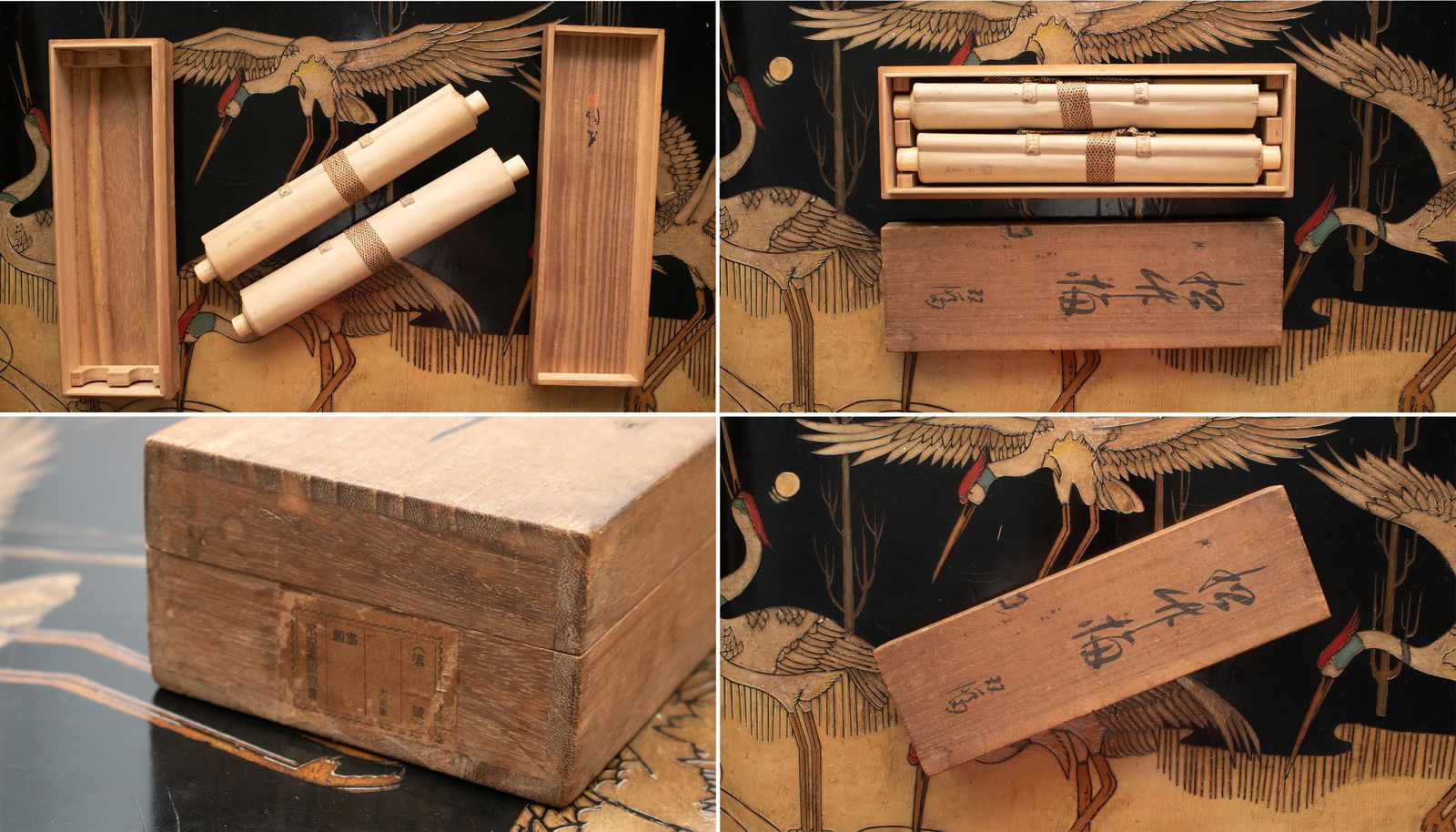 Early 1900s Meiji Era Japanese Watercolor Scroll Paintings in Original Box "Turtles and Crane", a Pa - 12