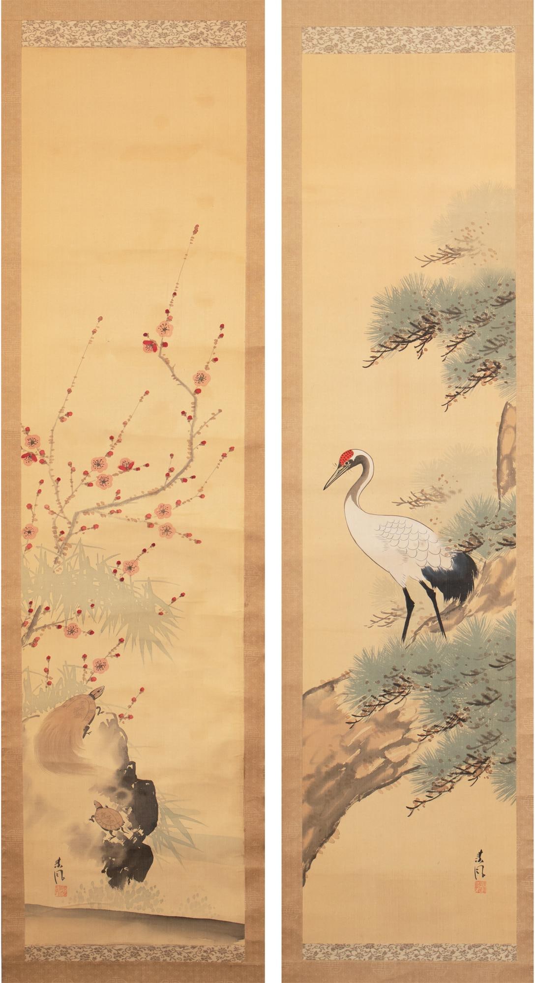 Early 1900s Meiji Era Japanese Watercolor Scroll Paintings in Original Box "Turtles and Crane", a Pa - 2