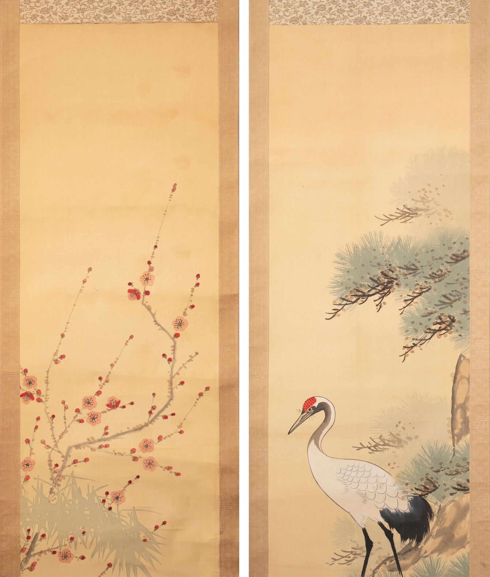 Early 1900s Meiji Era Japanese Watercolor Scroll Paintings in Original Box "Turtles and Crane", a Pa - 3