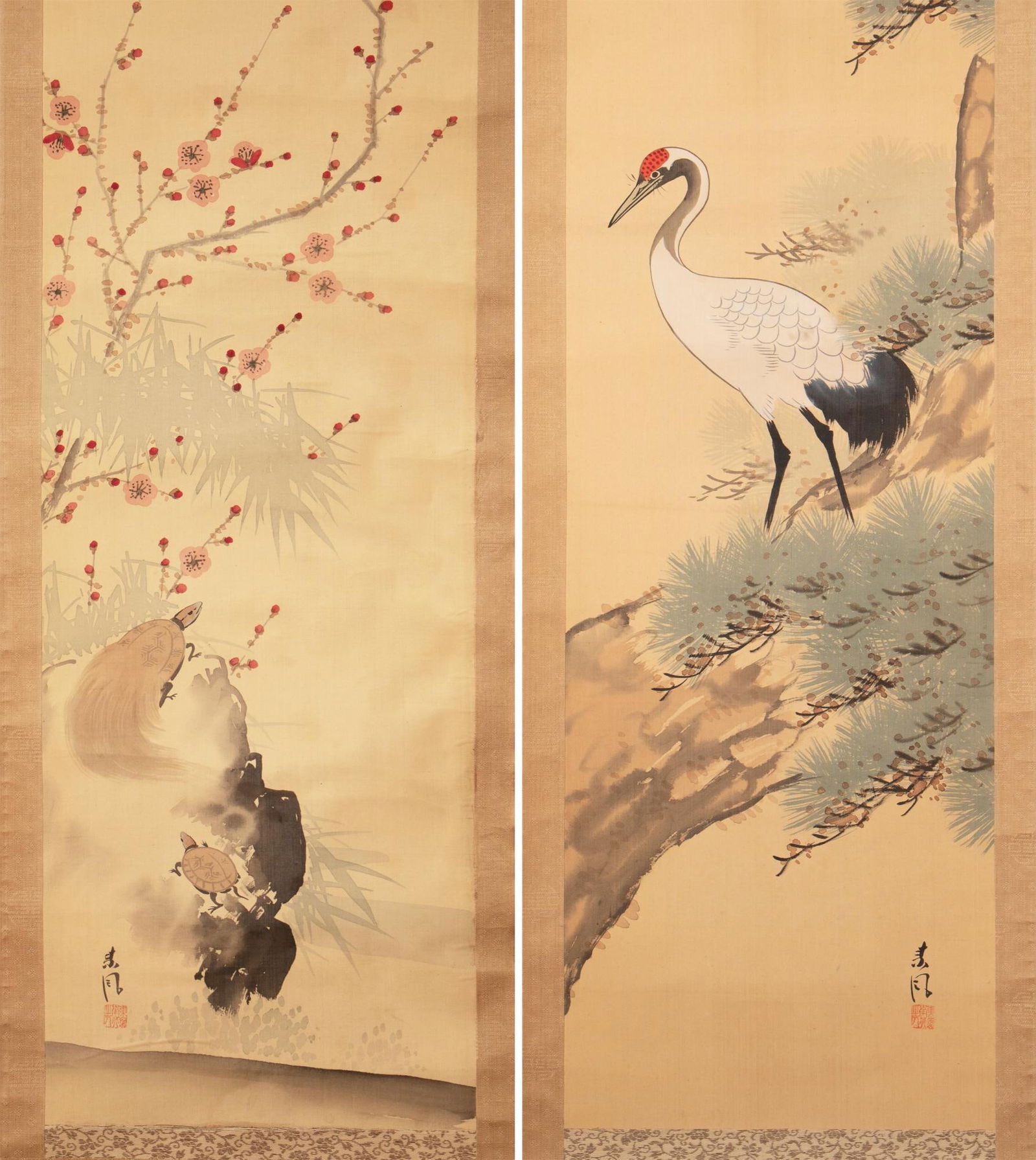 Early 1900s Meiji Era Japanese Watercolor Scroll Paintings in Original Box "Turtles and Crane", a Pa - 4