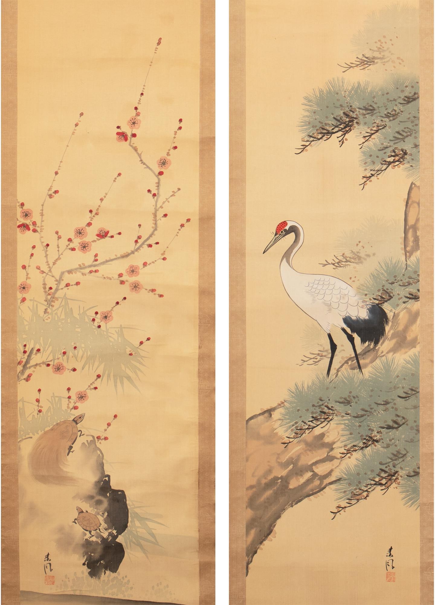 Early 1900s Meiji Era Japanese Watercolor Scroll Paintings in Original Box "Turtles and Crane", a Pa - 5