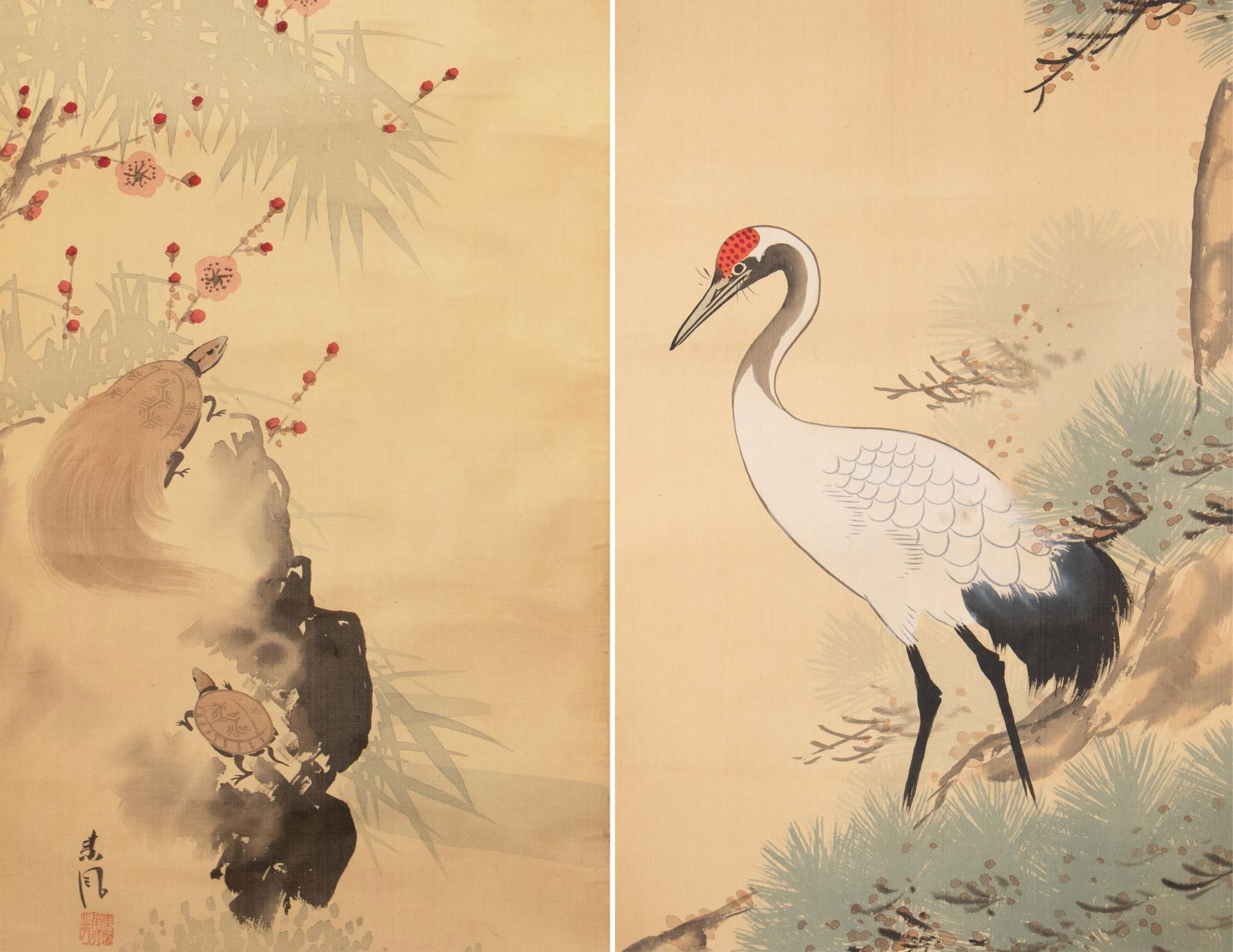 Early 1900s Meiji Era Japanese Watercolor Scroll Paintings in Original Box "Turtles and Crane", a Pa - 6